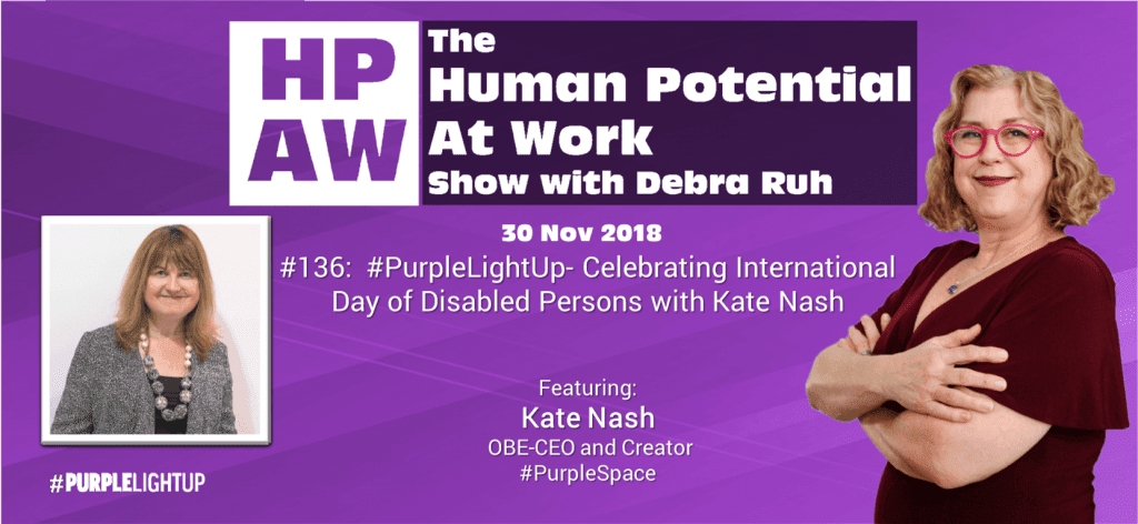 Episode Flyer for #136 #PurpleLightUp- Celebrating International Day of Disabled Persons with Kate Nash