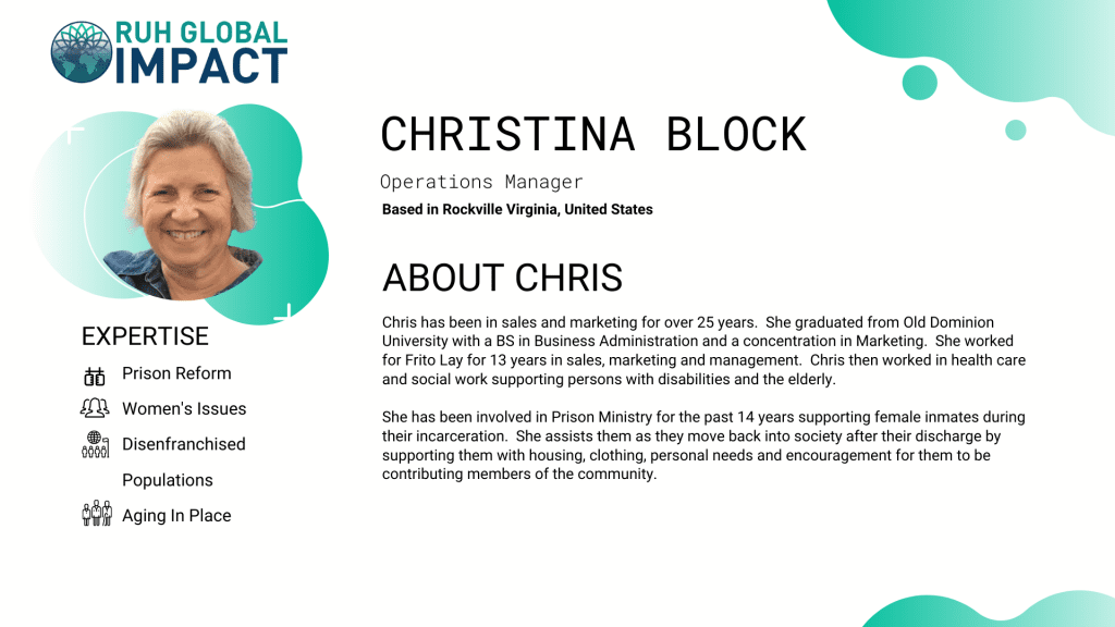 Christina Block has been in sales and marketing for over 25 years.  She graduated from Old Dominion University with a BS in Business Administration and a concentration in Marketing.  She worked for Frito Lay for 13 years in sales, marketing and management.  Chris then worked in health care and social work supporting persons with disabilities and the elderly.  