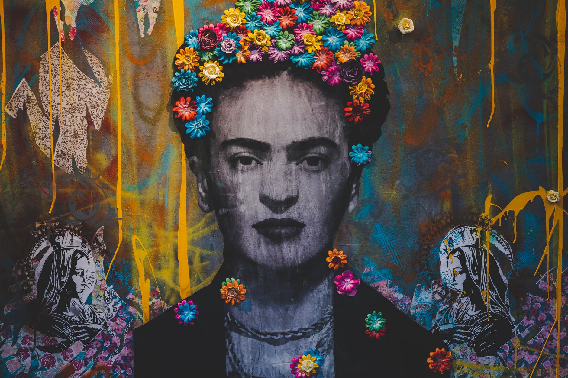 creative graffiti wall with portrait of frida kahlo