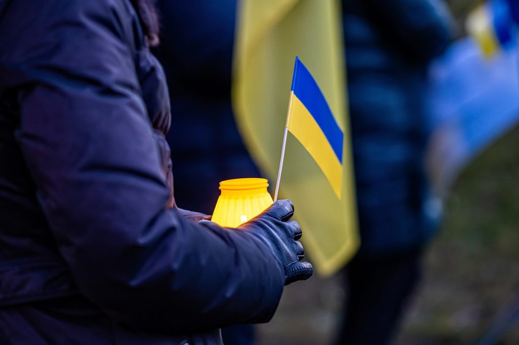 Candles on streets for peace in Ukraine, symbolising to stop the war, Stand with Ukraine, close-up