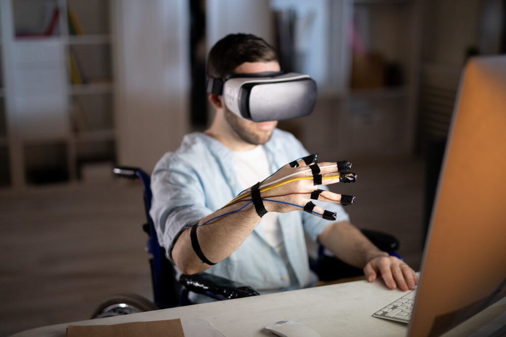 man touching virtual objects